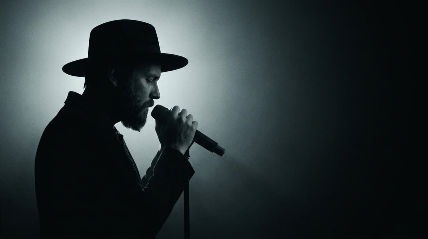 Musician singing on a dark stage