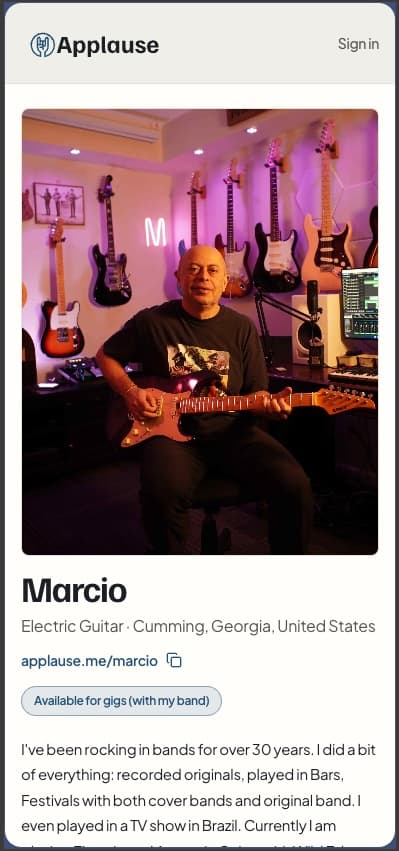 An Applause musician profile page